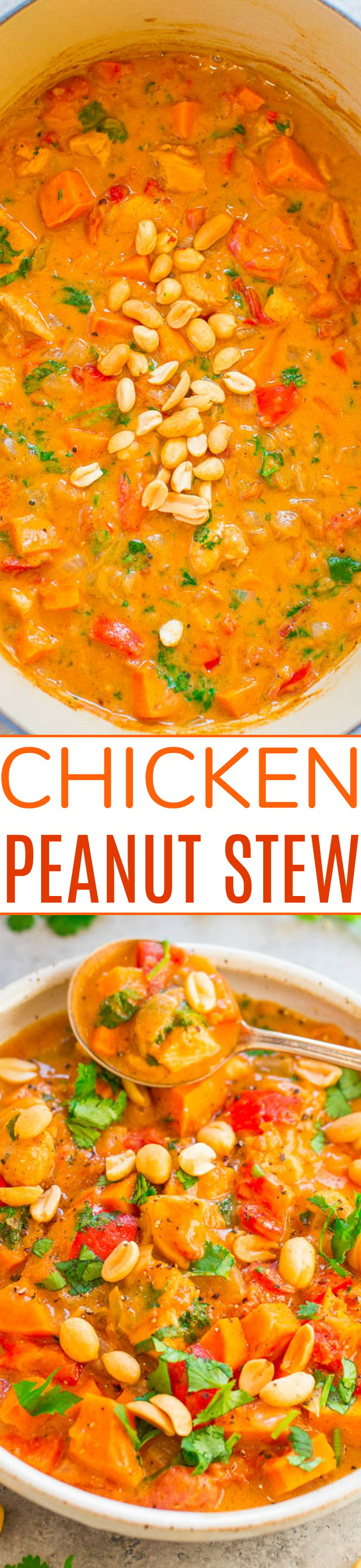 Chicken Peanut Stew - EASY, one pot, ready in about 30 minutes, and hearty comfort food at its finest!! So many layers of DELISH flavors and textures! Just the thing to warm you up!!