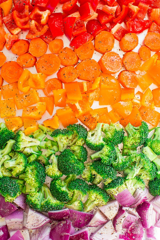 Rainbow Roasted Vegetable Medley — Trying to eat more vegetables? Seeing the rainbow should do the trick!! Roasted mixed vegetables are FAST, EASY, and as HEALTHY as it gets!!