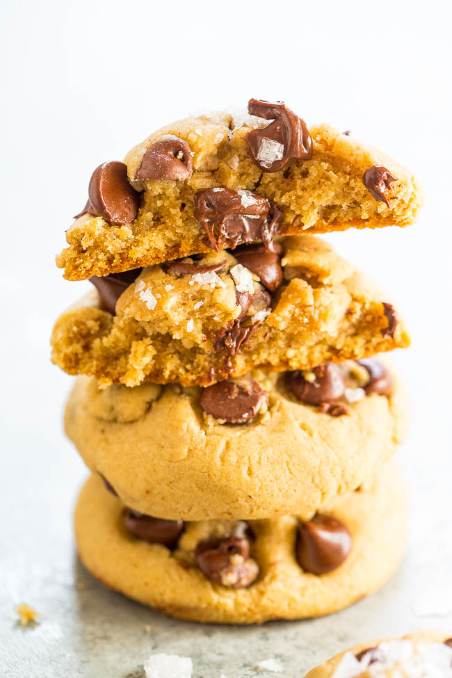 stack of four Browned Butter Salted Chocolate Chip Cookies
