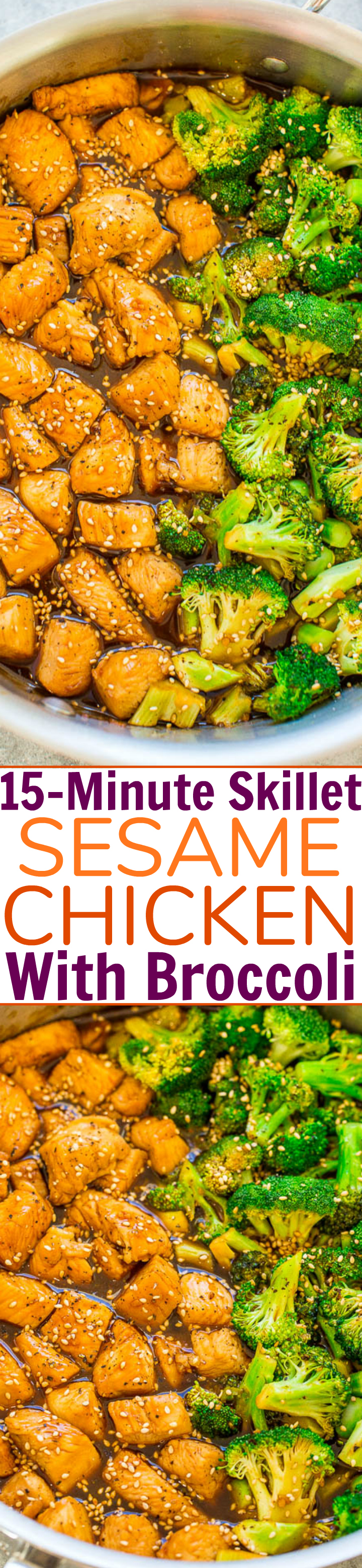 15-Minute Skillet Sesame Chicken with Broccoli - HEALTHIER sesame chicken that isn't breaded or fried!! You won't miss the fat or calories in this FAST and EASY version that's loaded with Asian-inspired flavors! You can happily skip takeout now!!