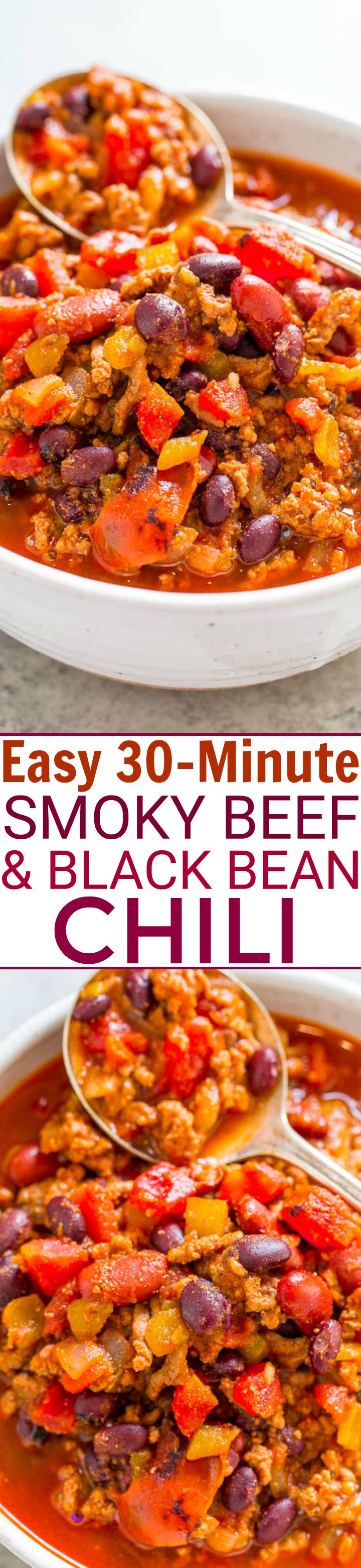 Easy 30-Minute Smoky Ground Beef Chili — Don't have all day for chili to simmer? No problem!! This EASY, hearty chili with lovely SMOKY heat is ready in 30 minutes! PERFECT for busy weeknights!!