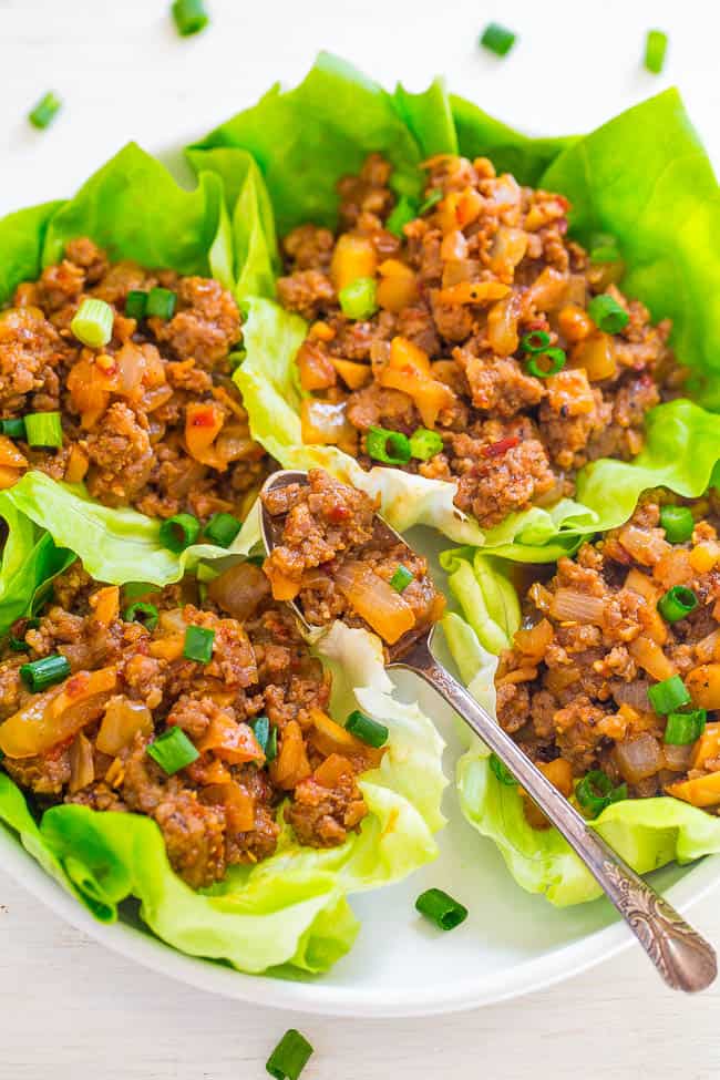 Spicy Pork Lettuce Wraps - EASY, ready in 20 minutes, perfectly SPICY yet wonderfully fresh!! Just enough heat to keep you going back for more! A new dinnertime WINNER!!