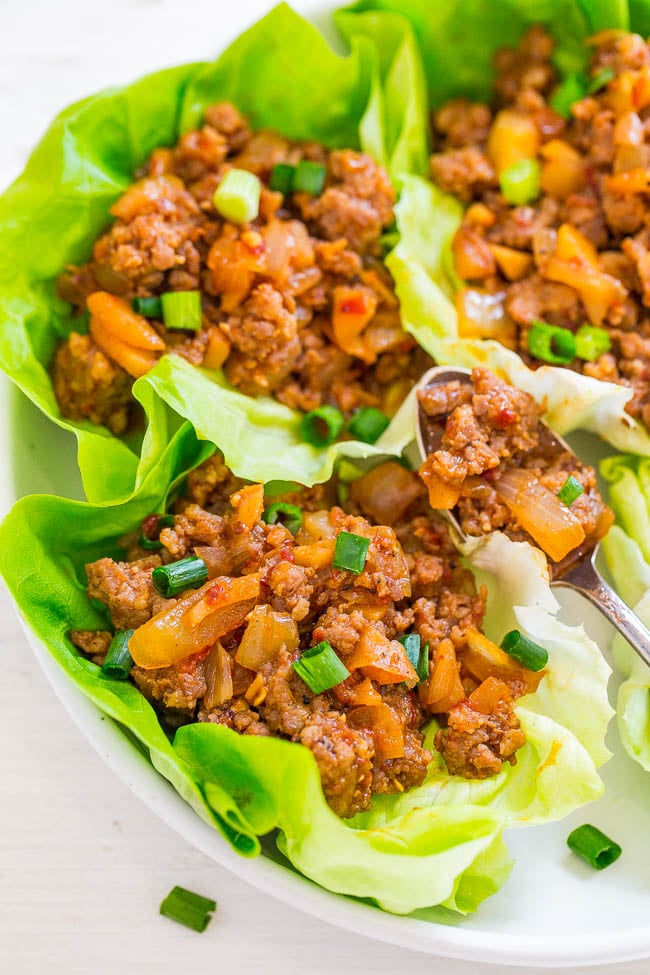 Spicy Pork Lettuce Wraps - EASY, ready in 20 minutes, perfectly SPICY yet wonderfully fresh!! Just enough heat to keep you going back for more! A new dinnertime WINNER!!