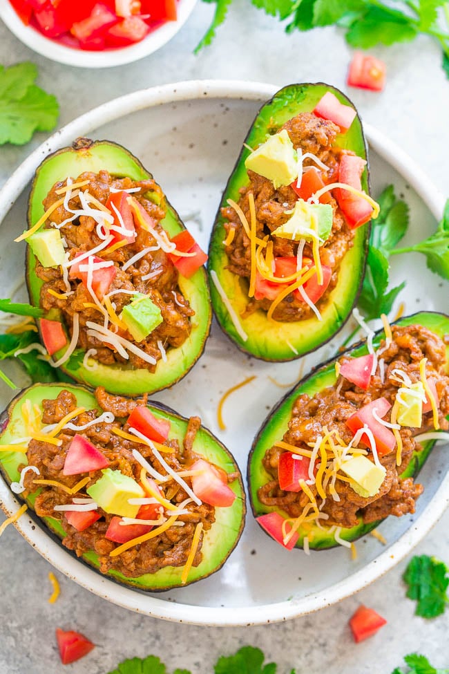 Taco Stuffed Avocados in white serving bowl