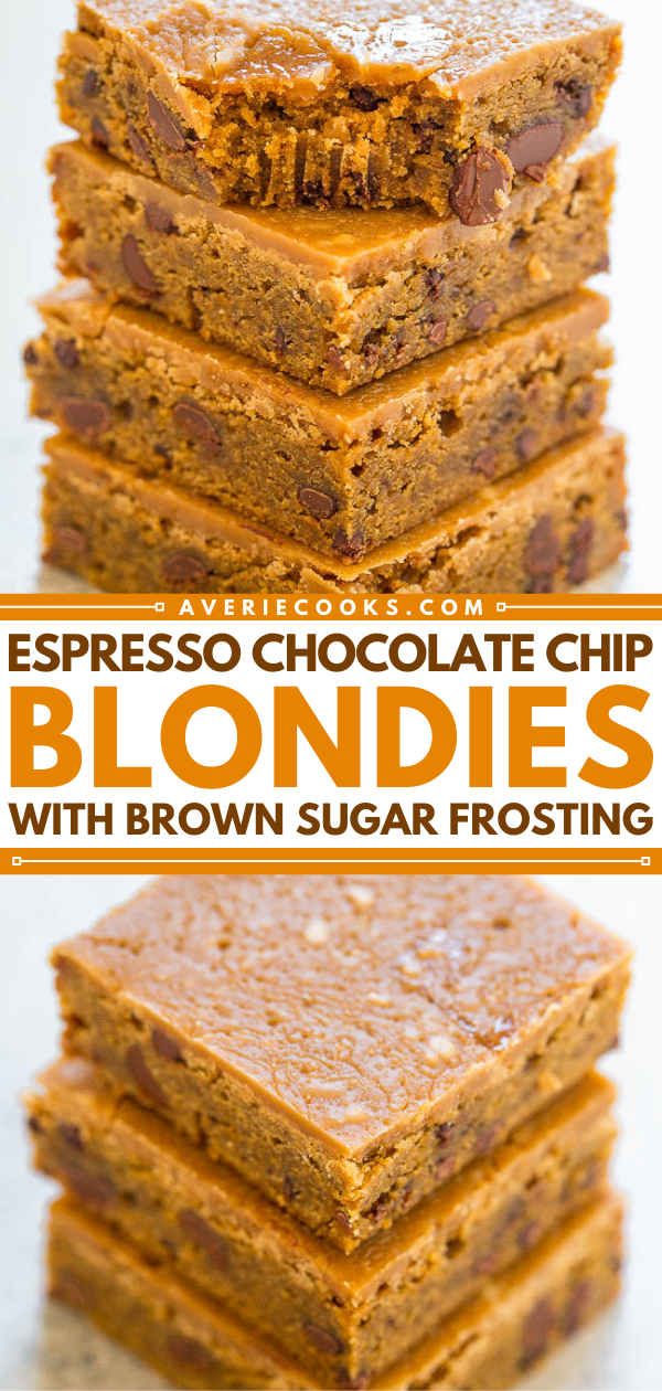 Espresso Chocolate Chip Blondies with Brown Sugar Frosting - EASY, chewy, super SOFT blondies infused with espresso and chocolate!! ENJOY your espresso in dessert form from now on! The brown sugar frosting is simply AMAZING!!