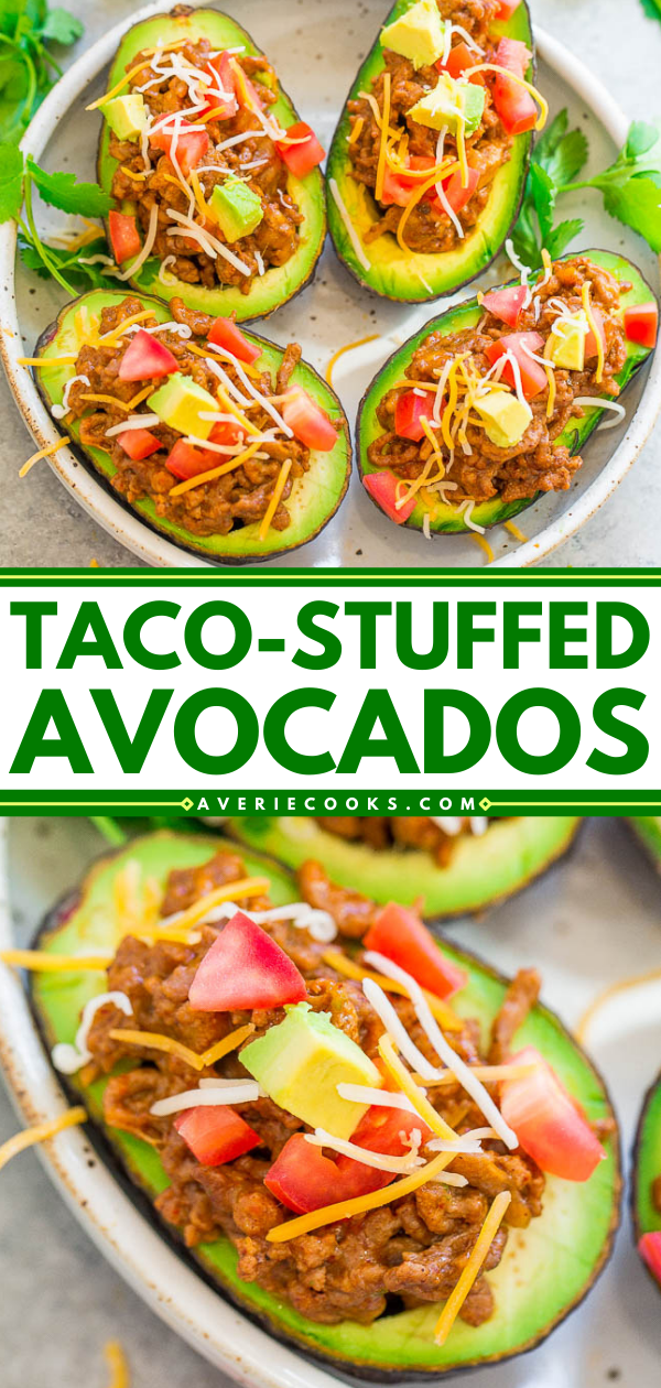 Taco-Stuffed Avocados — Like avocados? Then you are going to LOVE these taco STUFFED avocados with ground beef, CHEESE, and more!! EASY, ready in 15 minutes, a family favorite, and perfect for busy weeknights!!