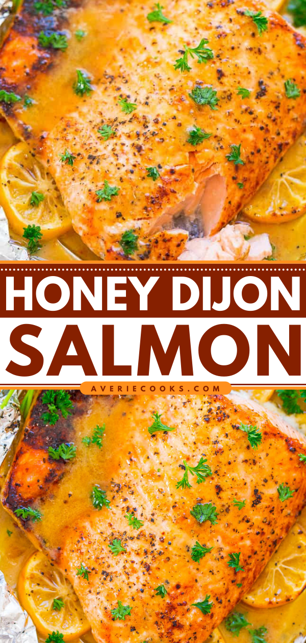 Honey Dijon Salmon — EASY, ready in 20 minutes, juicy, tender, and so FLAVORFUL from the honey, Dijon, and lemon juice!! If you're trying to incorporate more fish in your diet, this is THE RECIPE to make!!