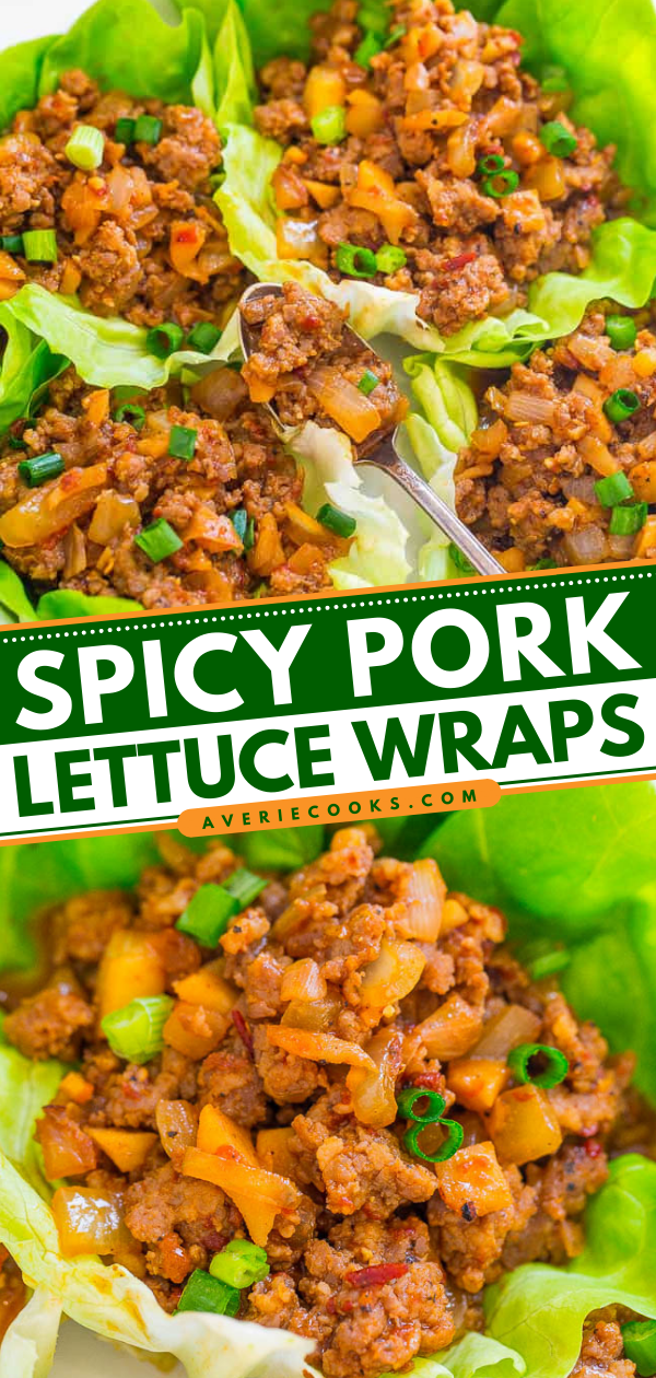 Spicy Pork Lettuce Wraps — EASY, ready in 20 minutes, perfectly SPICY yet wonderfully fresh!! Just enough heat to keep you going back for more! A new dinnertime WINNER!!