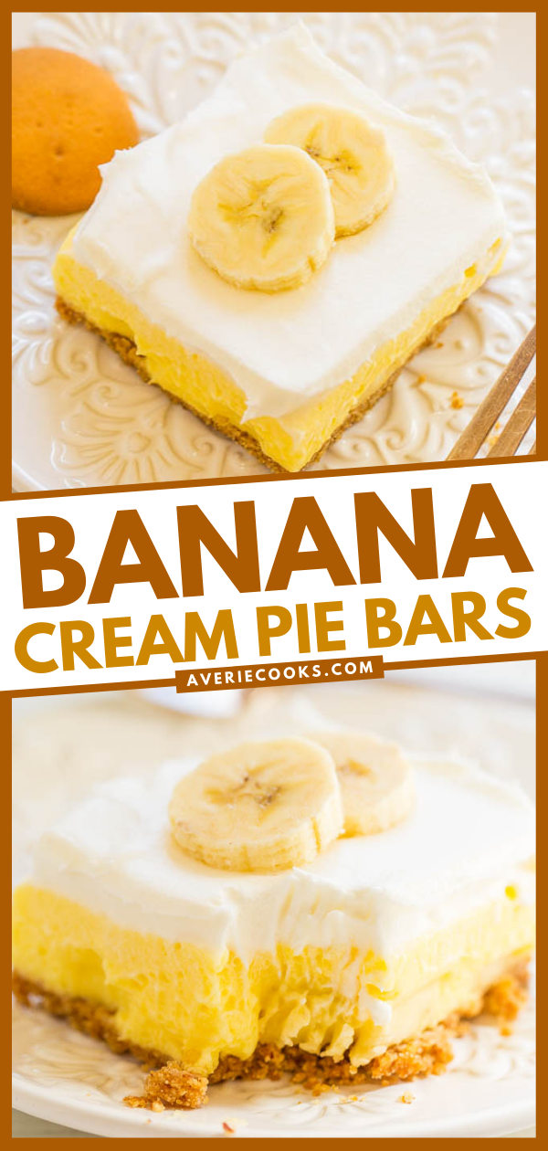 Banana Cream Pie Bars - Faster and easier than making a banana cream pie and taste AMAZING!! A crunchy crust, tender banana slices, luscious banana pudding, and creamy whipped topping make these layered pie bars WINNERS!!