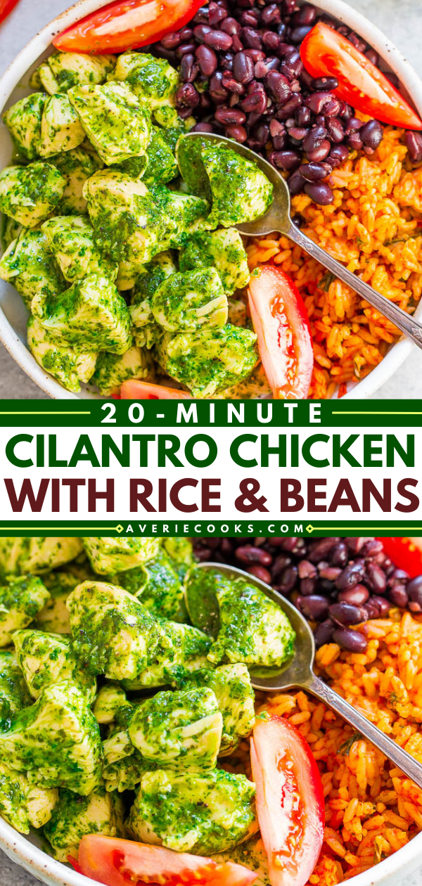 20-Minute Cilantro Chicken, Rice, and Beans — EASY, healthy, and the fresh cilantro sauce is SO good!! The chicken is juicy, loaded with flavor, and along with the rice and beans and you'll be SATISFIED for hours!!