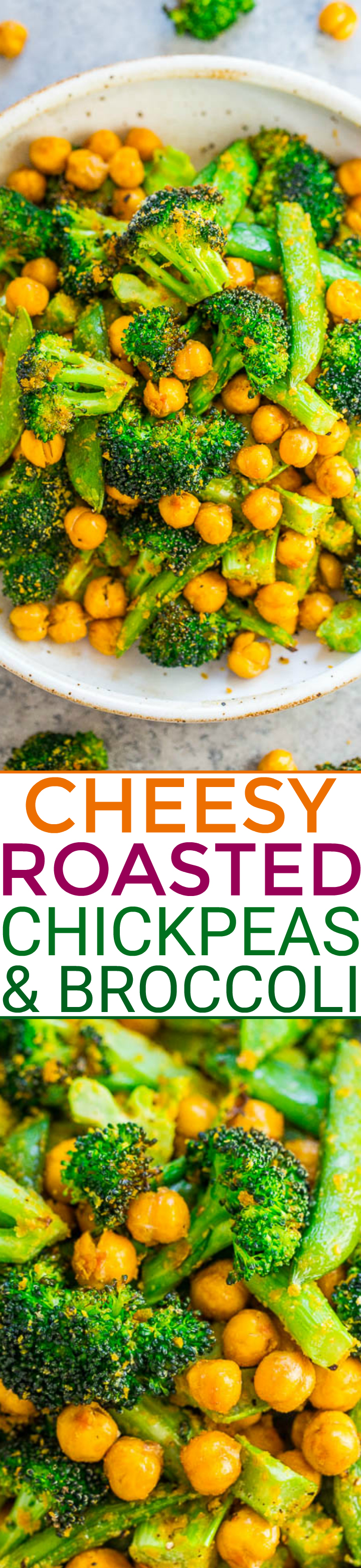 Cheesy Roasted Broccoli and Chickpeas — Fast, EASY, healthy, and keeps you full and satisfied!! Vegan and gluten-free doesn't have to be boring! Perfect lunch, hearty side, or meatless main! You're going to LOVE the cheesy touch!!