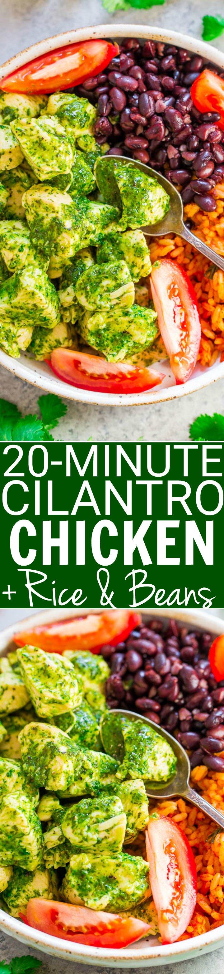 20-Minute Cilantro Chicken, Rice, and Beans — EASY, healthy, and the fresh cilantro sauce is SO good!! The chicken is juicy, loaded with flavor, and along with the rice and beans and you'll be SATISFIED for hours!!