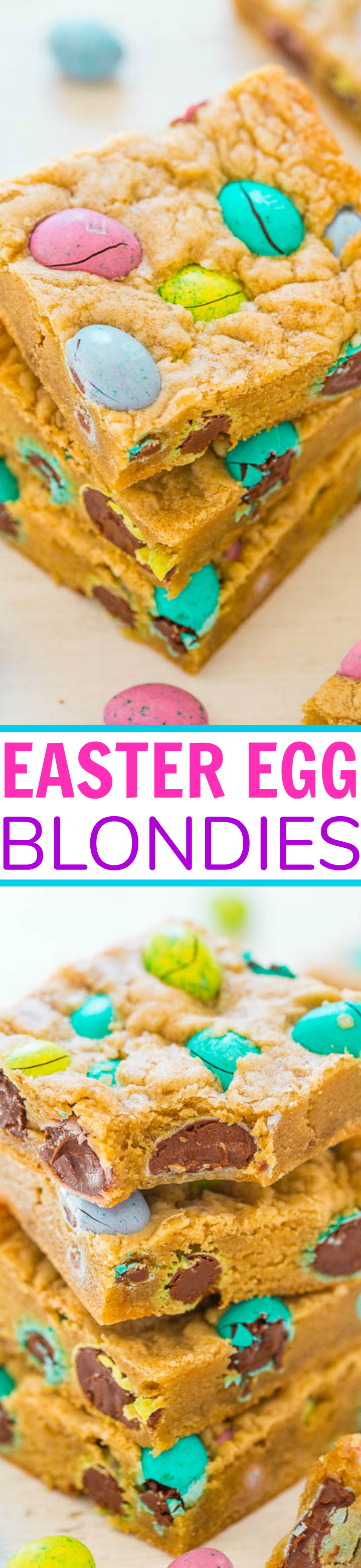 Easter Egg Blondies - Fast, EASY, super soft, and loaded with chocolate M&M Eggs galore!! Definitely my favorite type of Easter eggs! SAVE this recipe for your leftover Easter candy!!