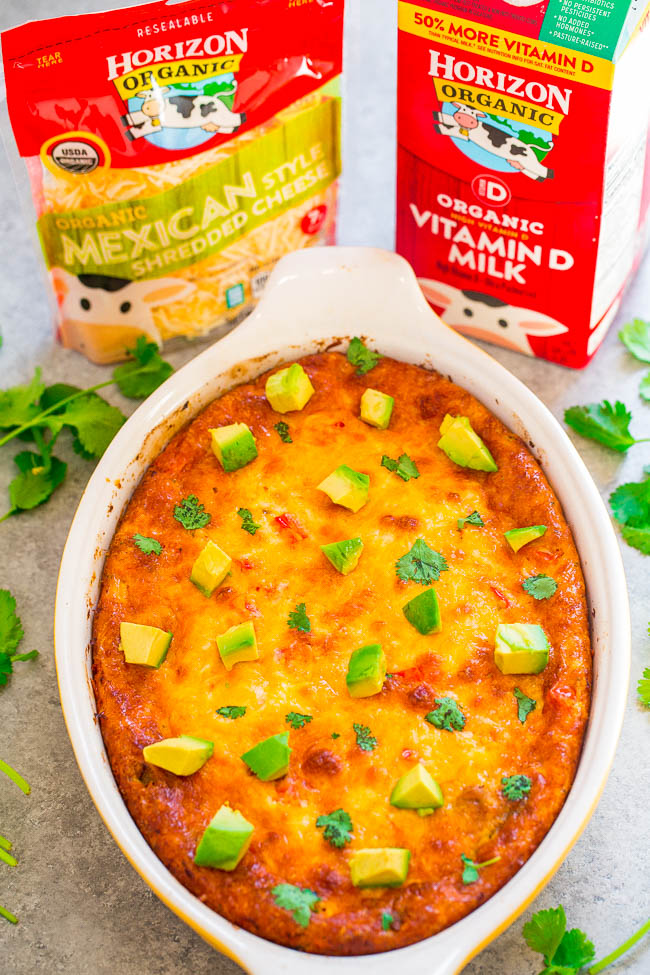 Mexican Cheesy Sausage and Egg Casserole - EASY, hearty, loaded with sausage, tons of CHEESE, and topped with avocado!! This is a family favorite that's perfect for breakfast, brunch, or breakfast-for-dinner!!