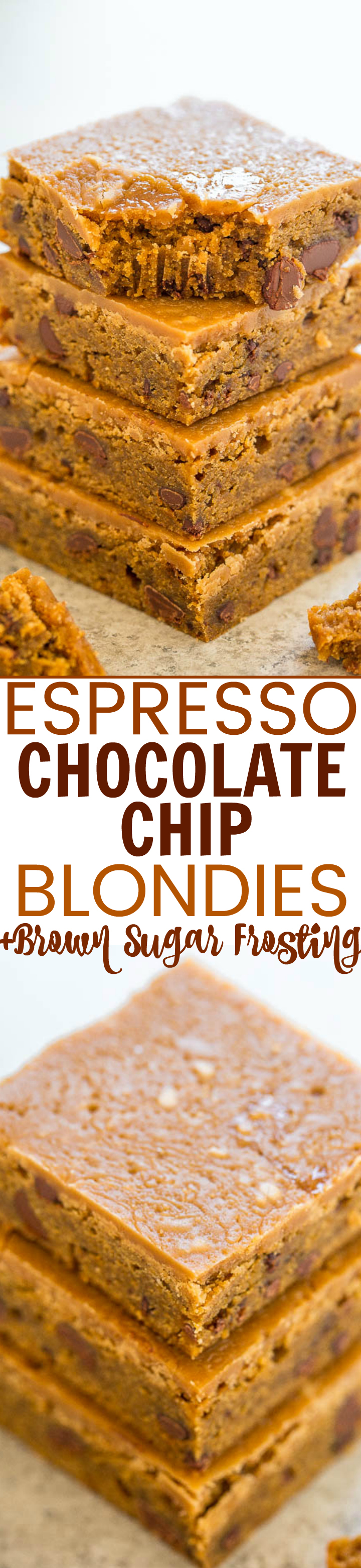 Espresso Chocolate Chip Blondies with Brown Sugar Frosting - EASY, chewy, super SOFT blondies infused with espresso and chocolate!! ENJOY your espresso in dessert form from now on! The brown sugar frosting is simply AMAZING!!