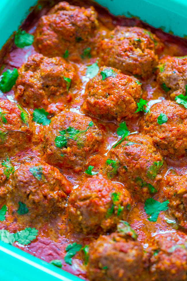 Mexican Beef Meatballs with Tomato Avocado Salad - These FAST and EASY beef meatballs are packed with protein that can provide strength to fuel the whole family. They’re coated in enchilada sauce and are loaded with Mexican-inspired flavors!! Great for busy weeknight dinners or easy-breezy entertaining!! #BeefItsWhatsForDinner #NicelyDone 