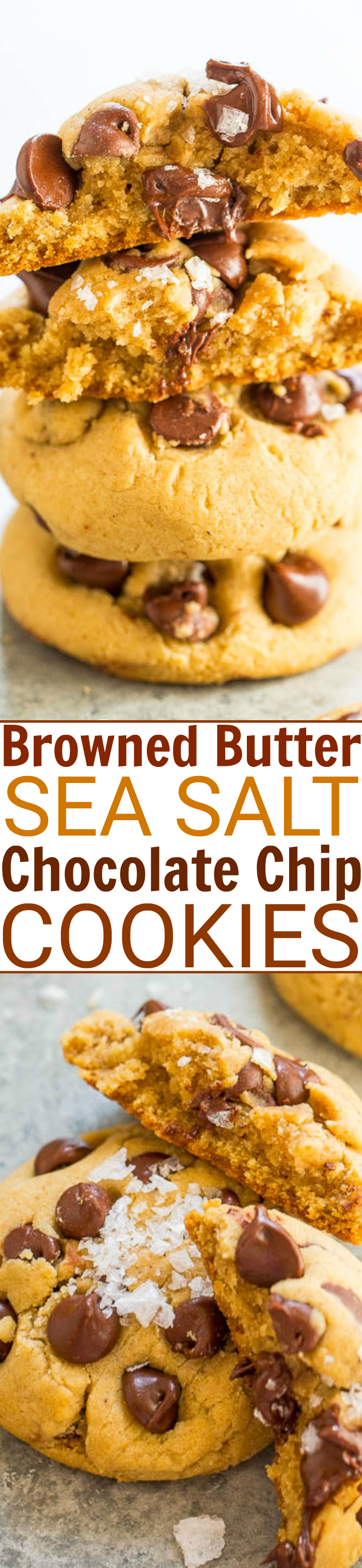 Browned Butter Sea Salt Chocolate Chip Cookies – SALTY-AND-SWEET, soft, and chewy chocolate chip cookies that are PERFECT!! An EASY, one-bowl, no-mixer recipe that's just the BEST!!