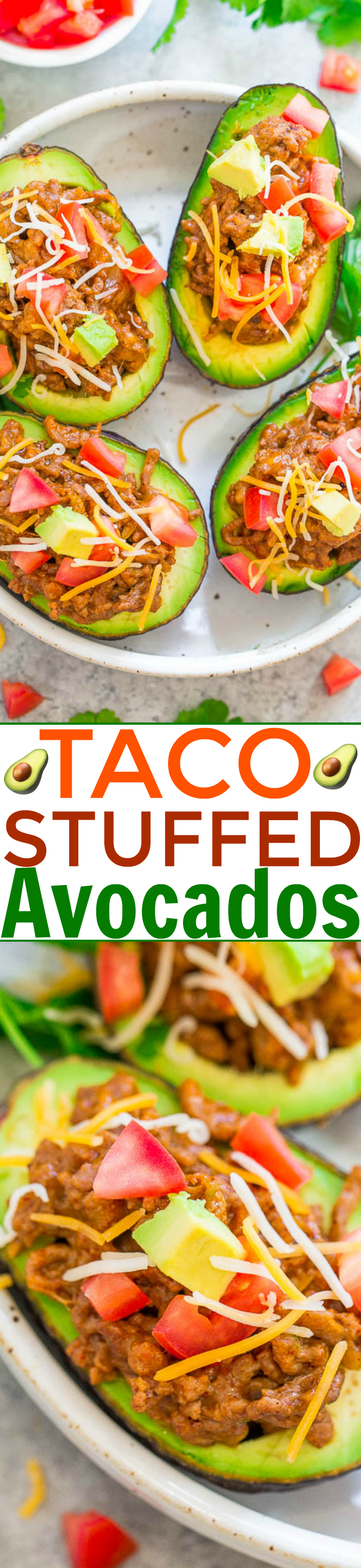 Taco Stuffed Avocados - Like avocados? Then you are going to LOVE these taco STUFFED avocados with ground beef, CHEESE, and more!! EASY, ready in 15 minutes, a family favorite, and perfect for busy weeknights!!