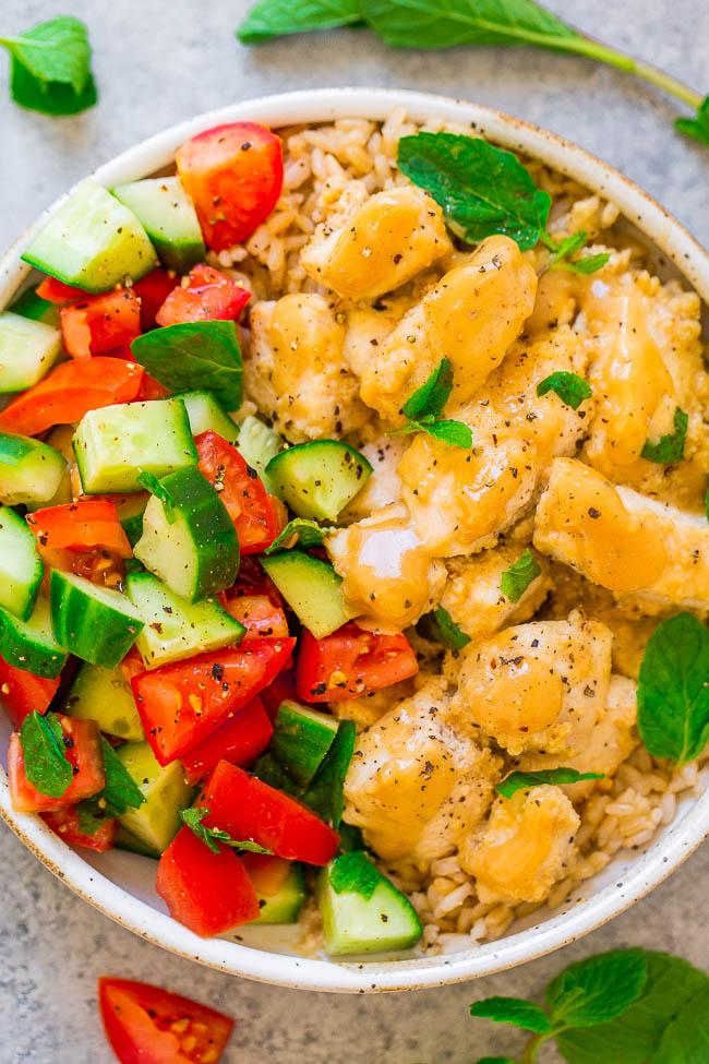 Tahini Chicken with Cucumber, Tomato, and Mint Salad 