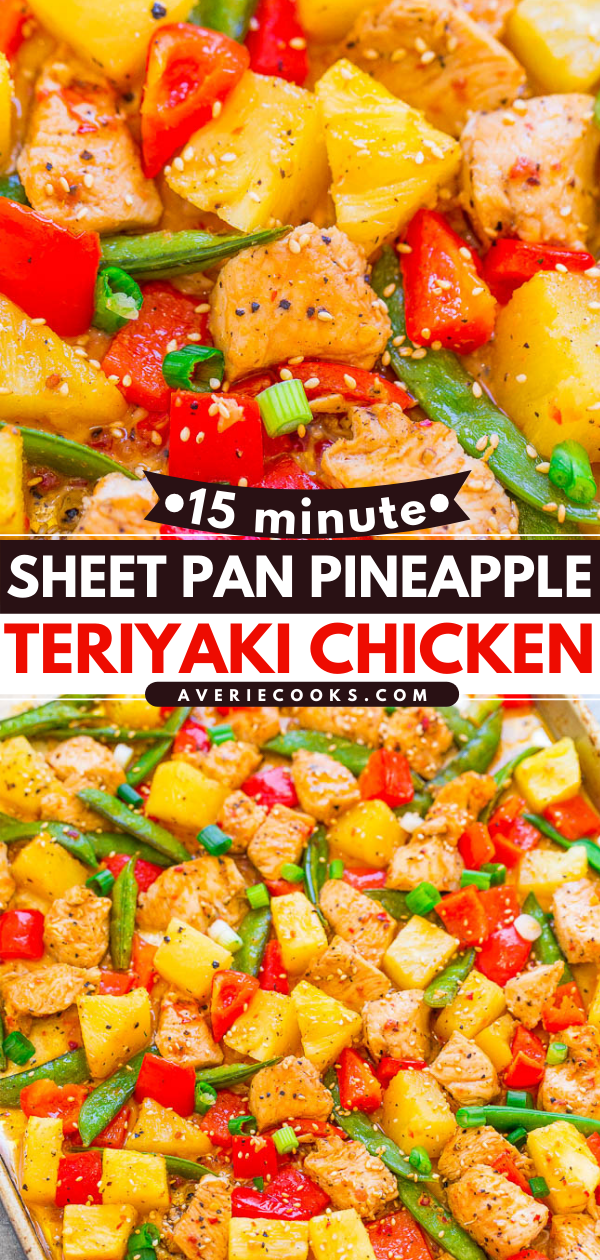 Sheet Pan Pineapple Teriyaki Chicken — Fast, EASY, and loaded with fabulous teriyaki flavor! Tender chicken, juicy pineapple, and crisp-tender veggies make make for a DELISH one-pan meal with zero cleanup.