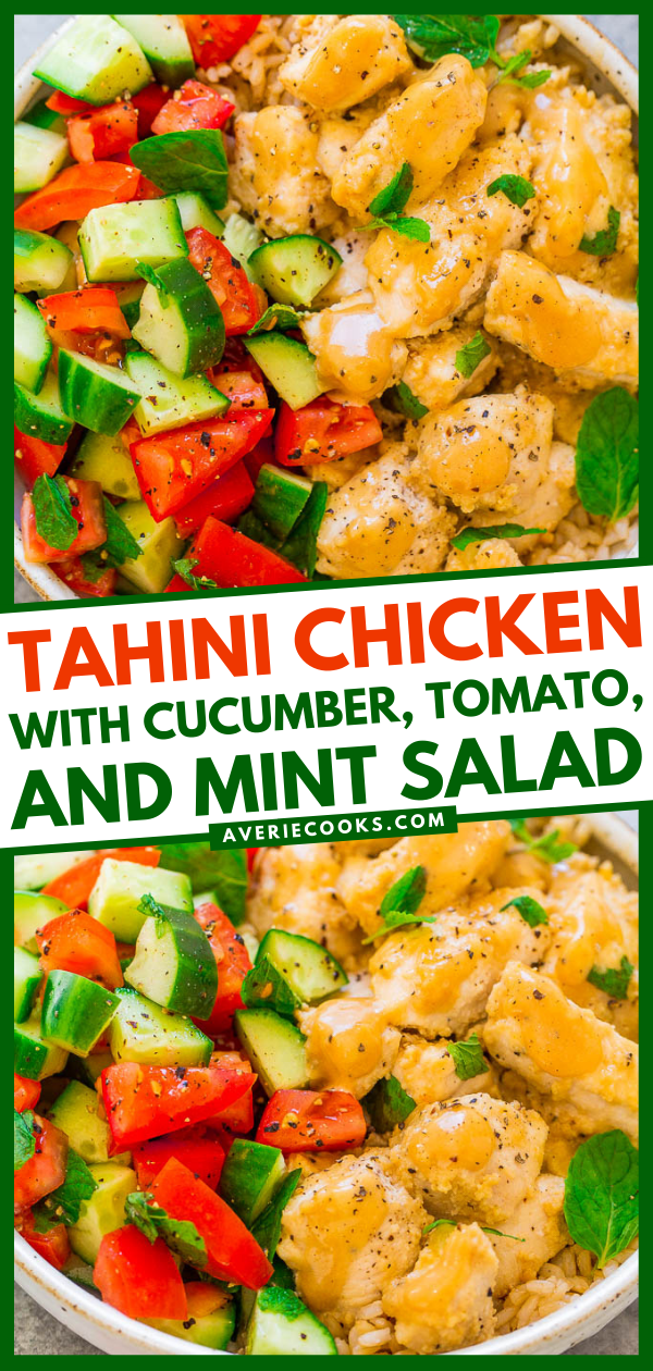 Tahini Chicken with Cucumber, Tomato, and Mint Salad - Juicy chicken coated in a flavorful TAHINI sauce with a zesty MINT salad on the side!! EASY, ready in 20 minutes, HEALTHY, and so tasty!!