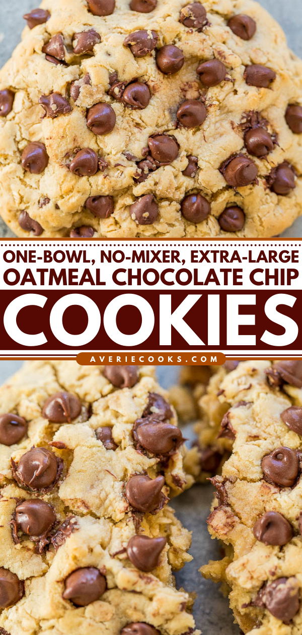 One-Bowl, No-Mixer, Extra-Large Oatmeal Chocolate Chip Cookie — A FAST and EASY recipe for ONE XL soft and chewy very THICK cookie loaded with chocolate!! No mixer needed and so DELISH!!