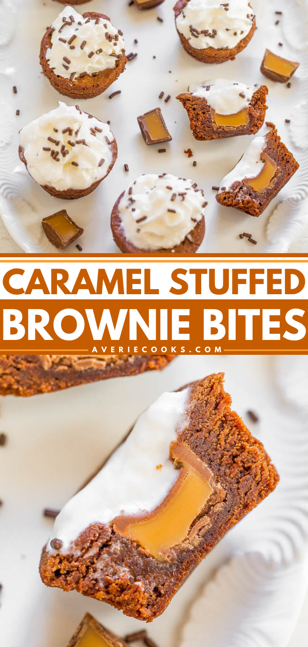 Caramel-Stuffed Brownie Bites — An EASY, no mixer recipe for homemade brownie bites stuffed with CARAMEL and topped with whipped cream and sprinkles!! Rich, FUDGY, decadent, and DELISH!!