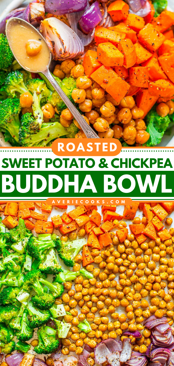 Chickpea and Sweet Potato Bowl — A big ole round bowl full of goodness just like Buddha!! The bowls are fast, EASY, naturally vegan and gluten-free! If you need a HEALTHY recipe that tastes like comfort food, this is it!!