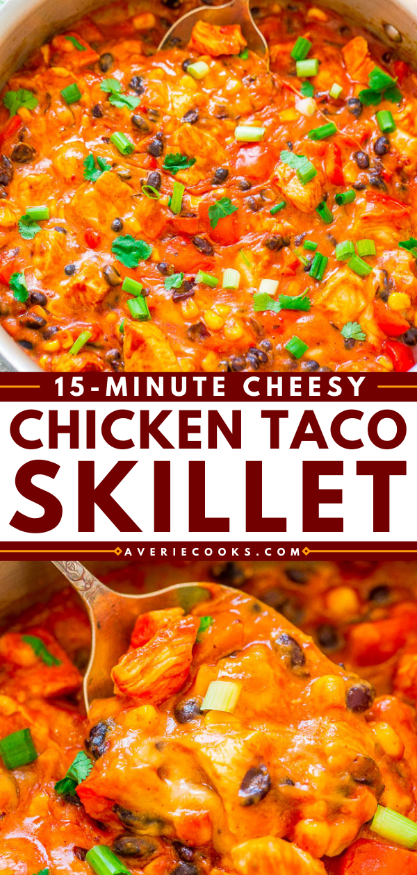 15-Minute Cheesy Chicken Taco Skillet — Craving tacos minus all the empty carbs? This EASY taco skillet without tortillas is PERFECT!! Fast, EASY, loaded with awesome Mexican-inspired flavors and it's super CHEESY!!