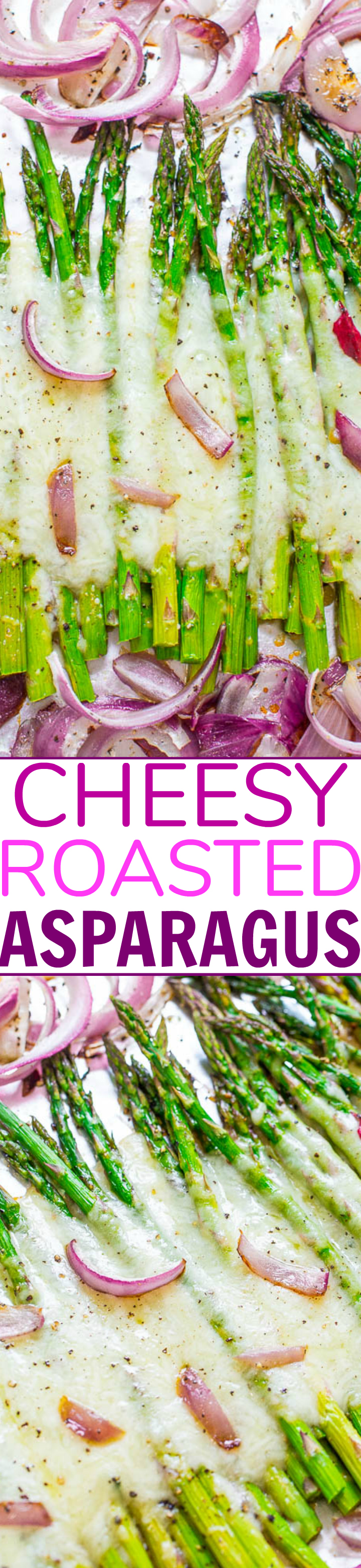 Roasted Cheesy Asparagus — Even picky eaters will LOVE asparagus when it's roasted with onions and covered with melted CHEESE!! A fast and EASY side that's perfect for busy weeknights!!