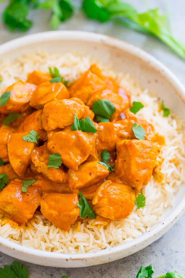 Indian Butter Chicken – An EASY, ONE-POT recipe for a classic Indian favorite!! Juicy, BUTTERY chicken simmered in a CREAMY tomato-based sauce! Next time you’re craving Indian food, you can make it yourself in 30 minutes!!