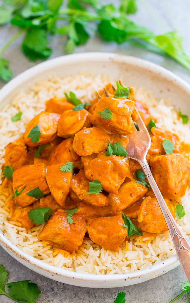 Indian Butter Chicken – An EASY, ONE-POT recipe for a classic Indian favorite!! Juicy, BUTTERY chicken simmered in a CREAMY tomato-based sauce! Next time you’re craving Indian food, you can make it yourself in 30 minutes!!