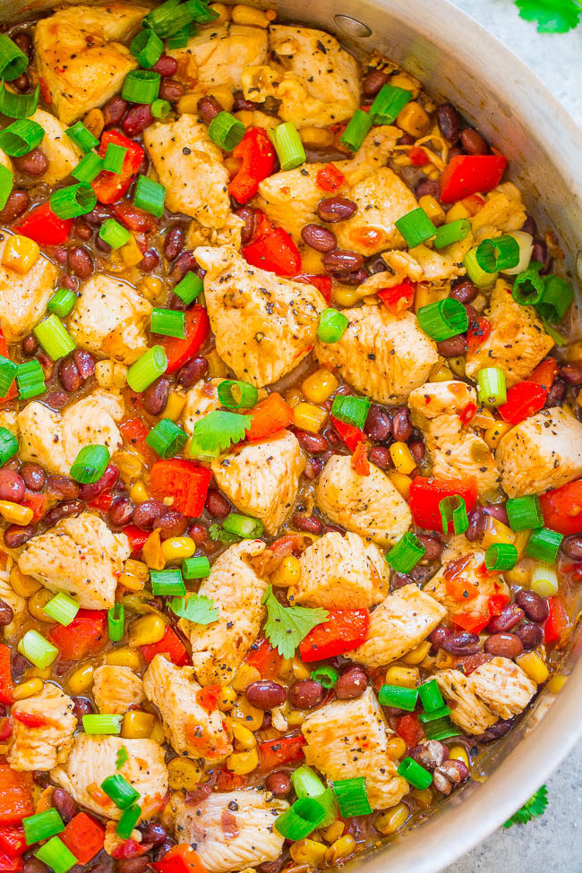 15-Minute Salsa and Black Bean Chicken Skillet close up in pan