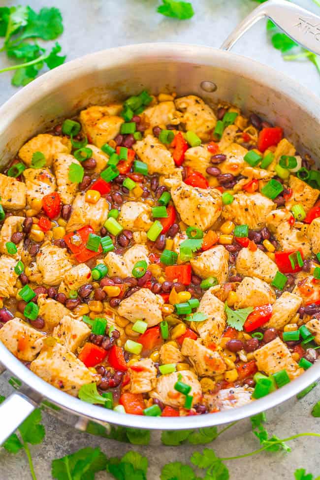 15-Minute Salsa and Black Bean Chicken Skillet - Fast, EASY, family-friendly, healthy yet hearty, naturally gluten-free, Mexican-inspired meal!! The PERFECT recipe to jazz up your usual weeknight chicken dinner!!