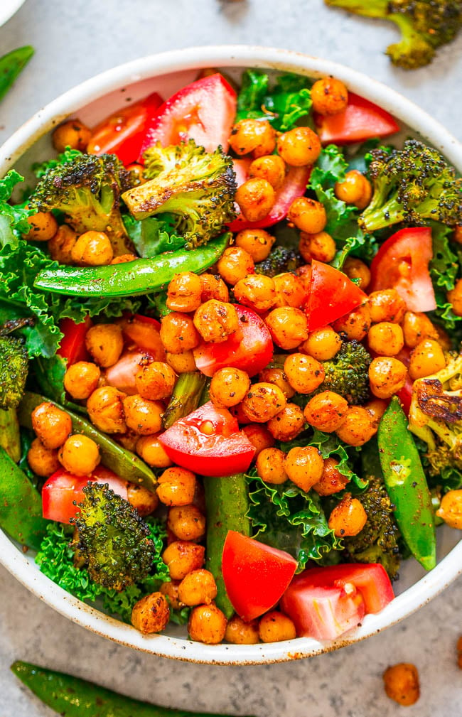 overhead view of a roasted chickpea salad