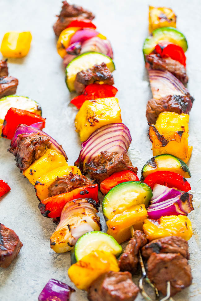Grilled Steak Kabobs on a gray countertop
