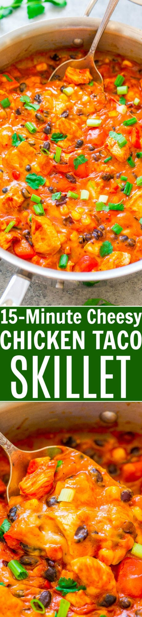A colorful cheesy chicken taco skillet meal prepared in 15 minutes.