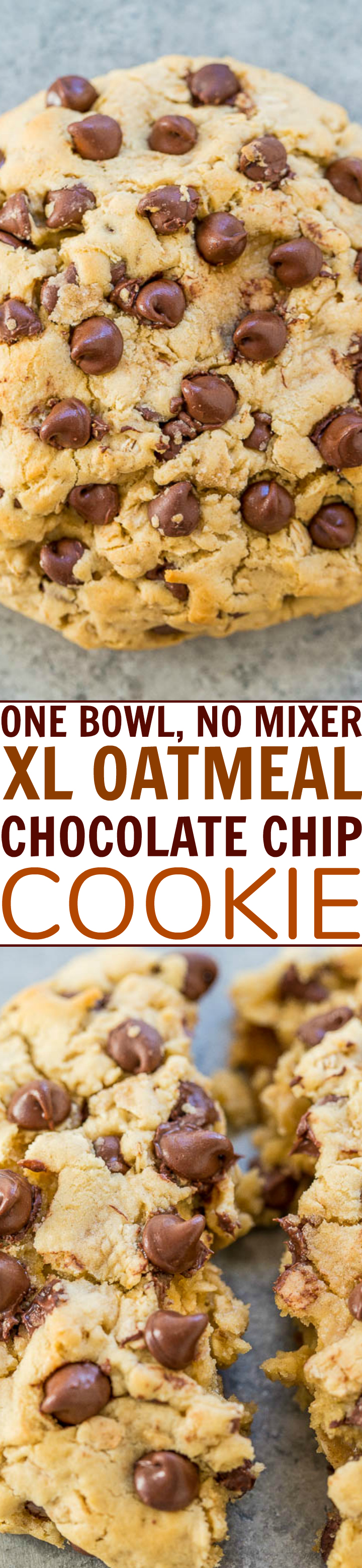 One-Bowl, No-Mixer, Extra-Large Oatmeal Chocolate Chip Cookie - A FAST and EASY recipe for ONE XL soft and chewy very THICK cookie loaded with chocolate!! No mixer needed and so DELISH!!