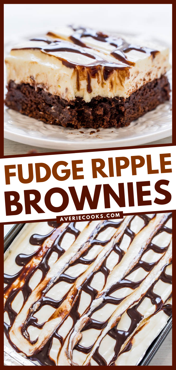 Fudge Brownies with Cream Cheese Frosting — Forget fudge ripple ice cream and try on of these EASY, decadent, and AMAZING brownies instead!! They're topped with a pudding-infused cream cheese frosting and chocolate sauce RIPPLES!!