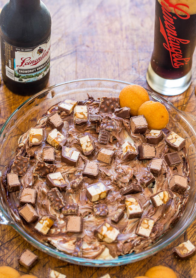 Chocolate Candy Bar Dip paired with Leinenkugel’s Snowdrift Vanilla Porter in a glass bowl