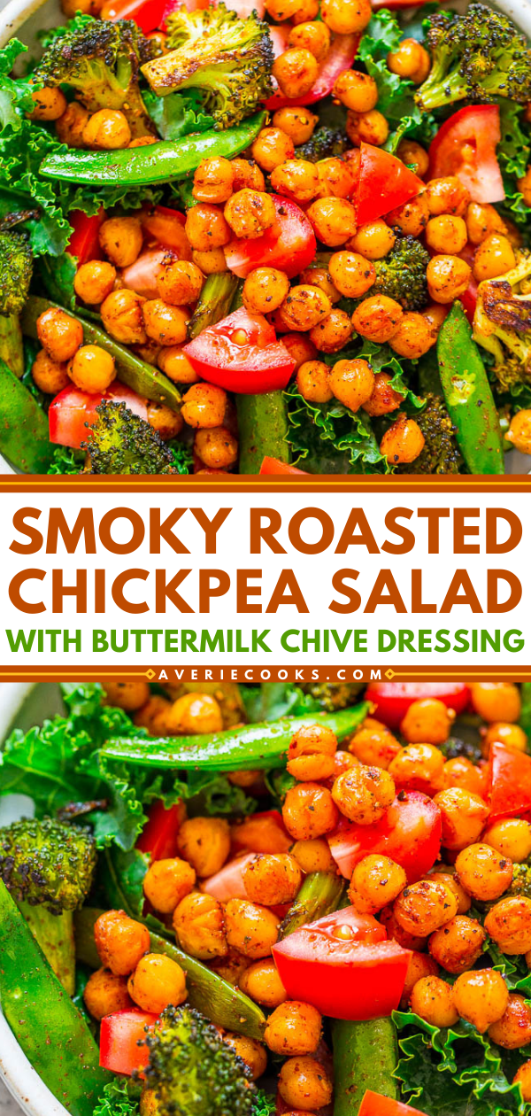 Smoky Roasted Chickpea Salad with Buttermilk Chive Dressing — An EASY salad with smoky roasted chickpeas, vegetables, kale, and topped with homemade chive-infused buttermilk dressing!! An accidentally vegetarian, gluten-free, HEALTHY, and SATISFYING salad!!