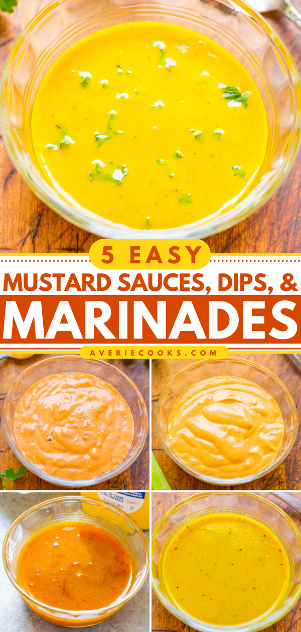 Five small glass bowls filled with different mustard-based sauces, dips, and marinades are arranged on a wood surface with text labeling them as easy recipes.