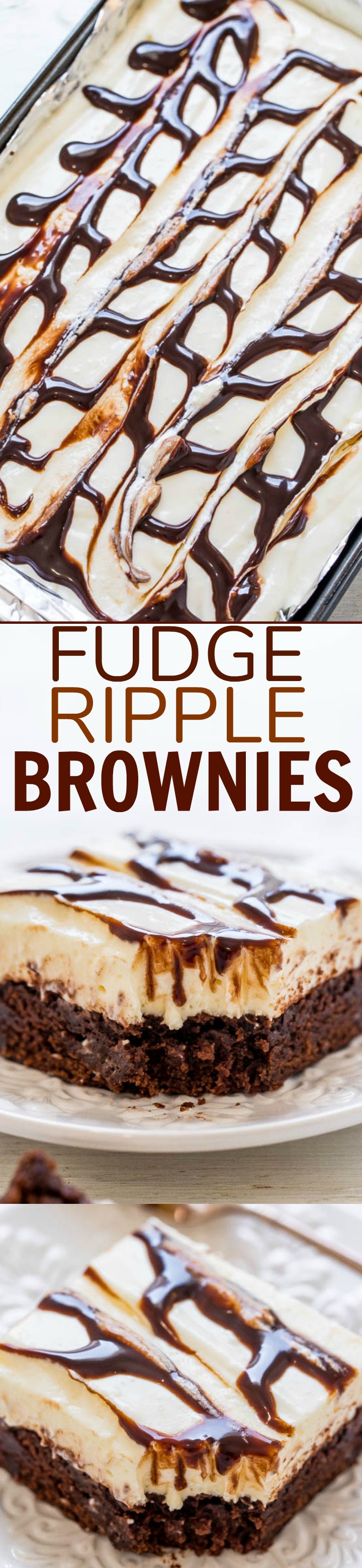 Fudge Brownies with Cream Cheese Frosting — Forget fudge ripple ice cream and try on of these EASY, decadent, and AMAZING brownies instead!! They're topped with a pudding-infused cream cheese frosting and chocolate sauce RIPPLES!!