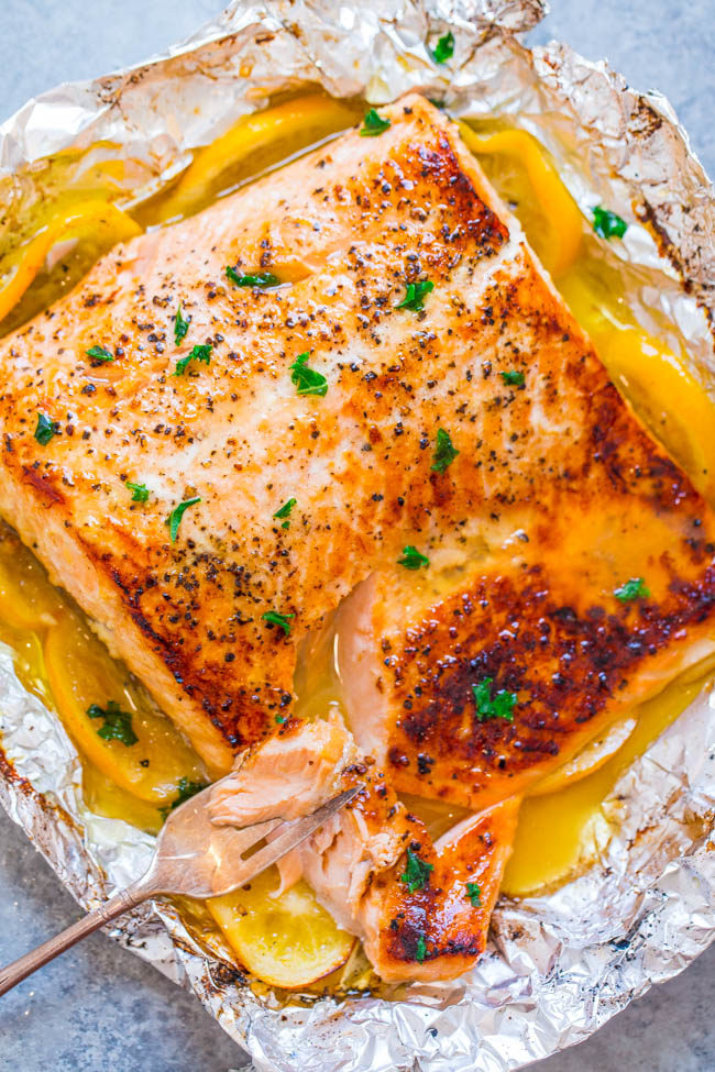 Overhead shot of Sheet Pan Garlic Lemon Butter Salmon in foil