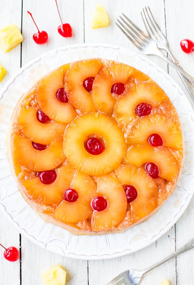 Overhead shot of Pineapple Upside Down Cake on a white plate 