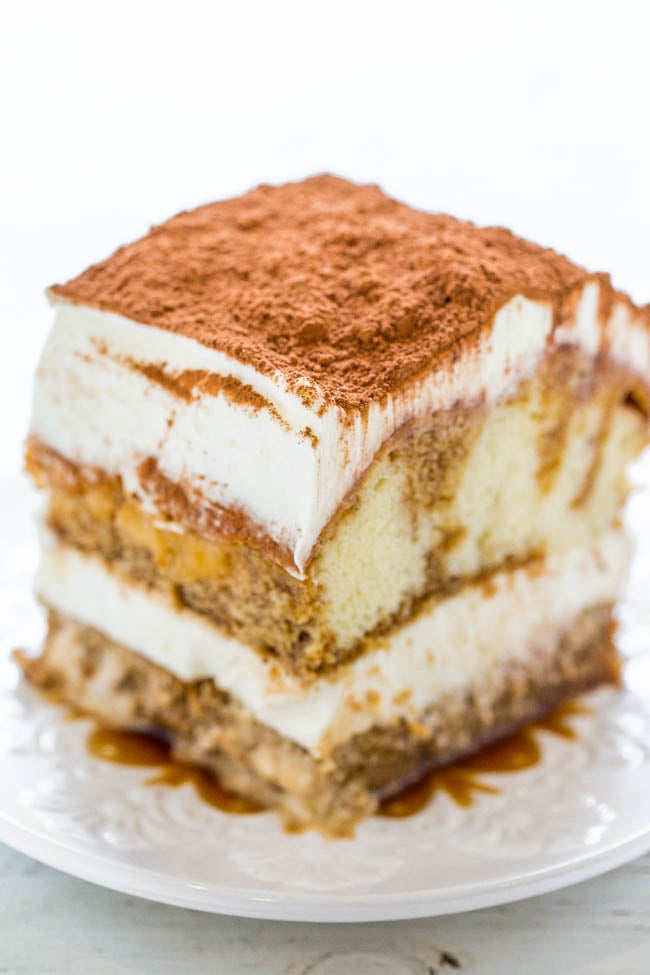 No-Bake Easy Tiramisu — FAST, no-bake, and infused with the richness of espresso, Kahlua, a luscious creamy filling, and dusted with cocoa powder!! Decadent and authentic but SO EASY!!