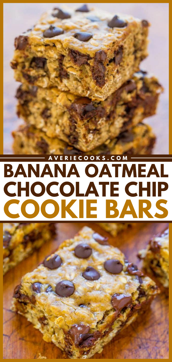 Banana Oatmeal Chocolate Chip Bars — A FAST and EASY dessert that is on the HEALTHIER side with only 1/4 cup butter and no oil!! Bold banana flavor, chewiness from the oats, and plenty of chocolate in every bite!!
