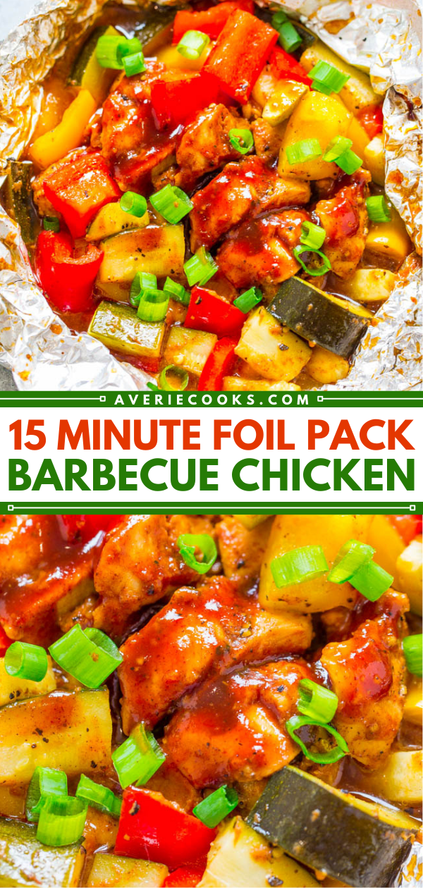 BBQ Chicken Foil Packets — Ready in 15 minutes and such an EASY way to enjoy barbecue chicken on the grill!! A DELISH and HEALTHY meal made in a foil pack with ZERO cleanup!!
