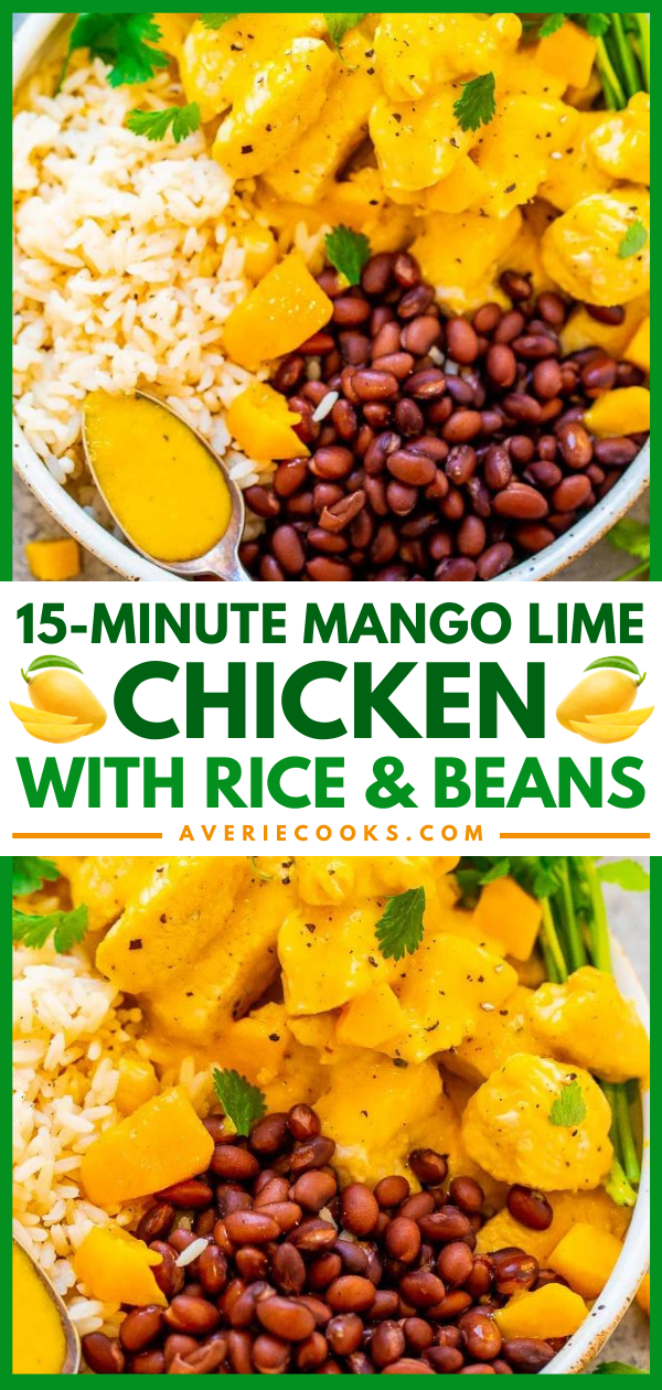 15-Minute Mango Lime Chicken with Rice and Beans - EASY, healthy, and the mango sauce spiked with lime juice is SO tasty!! You can’t go wrong with Mexican-inspired flavors, JUICY chicken, and rice and beans!!