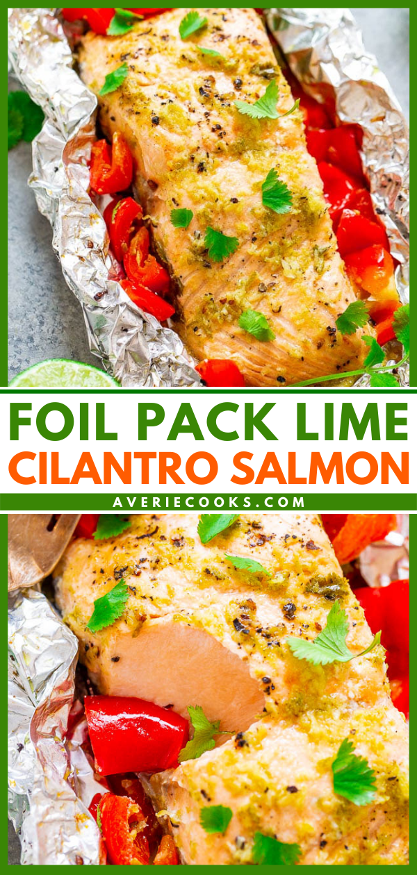 Foil Pack Cilantro Lime Salmon — EASY, ready in 10 minutes, and a FOOLPROOF way to make grilled salmon!! Tender, juicy, and bursting with Mexican-inspired flavors that everyone LOVES!!